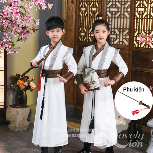Hán phục nam nữ màu trắng cho bé + tặng phụ kiện như hình