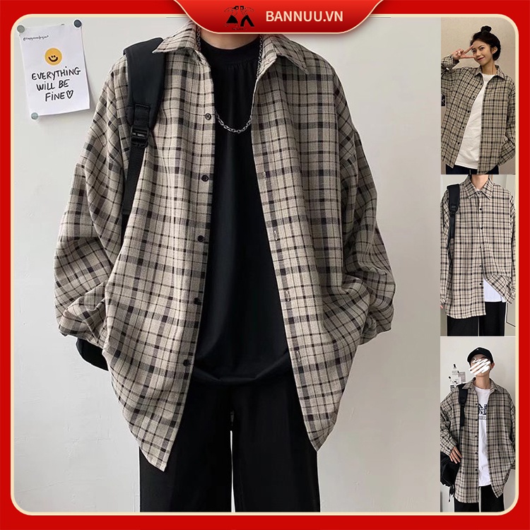 J A T Y 9 8 áo dài tay Sơ Mi Dáng Rộng Sọc Ca Rô flannel nam Thời Trang Hàn Quốc áo sơ mi trắng Cá Tính unisex thời trang nam áo flannel siêu đẹp áo sơ mi nam unisex sơ mi nữ form rộng
