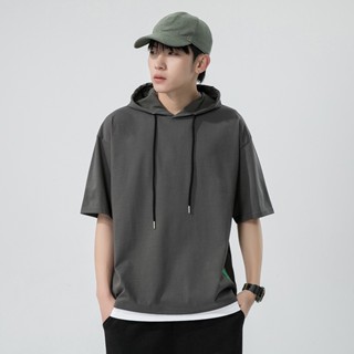 Áo Hoodie Cotton Tay Ngắn Màu Trơn Phong Cách Hip Hop Thời Trang Mùa Hè Cho Nam