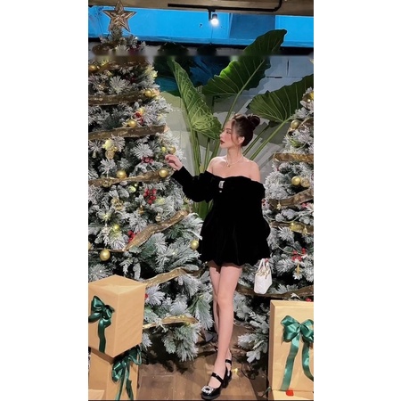 Đầm nơ xòe nhũ đỏ đen, váy thiết kế cao cấp