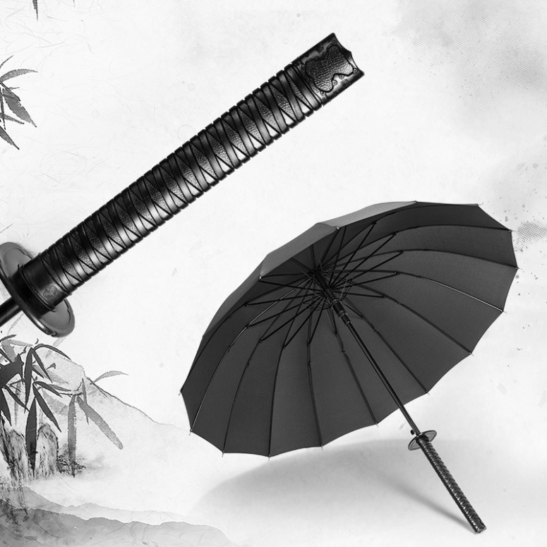 Ô dù che mưa katana hạn chế nắng cán giả kiếm nhật, ô 16 nan/24 nan cực bền chắc màu đen