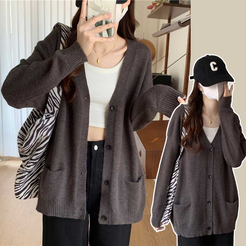 Áo Khoác Cardigan Dệt Kim Dáng Rộng Màu Sắc Vintage