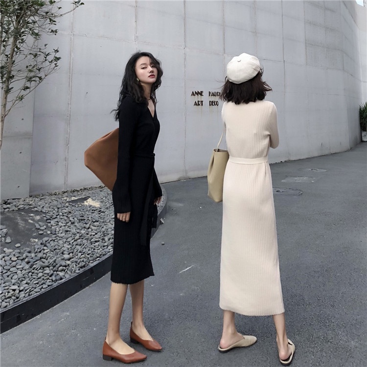 Đầm Dệt Kim Cổ Chữ V Xẻ Tà Ôm Eo Phong Cách Hong Kong Thời Trang Cho Nữ