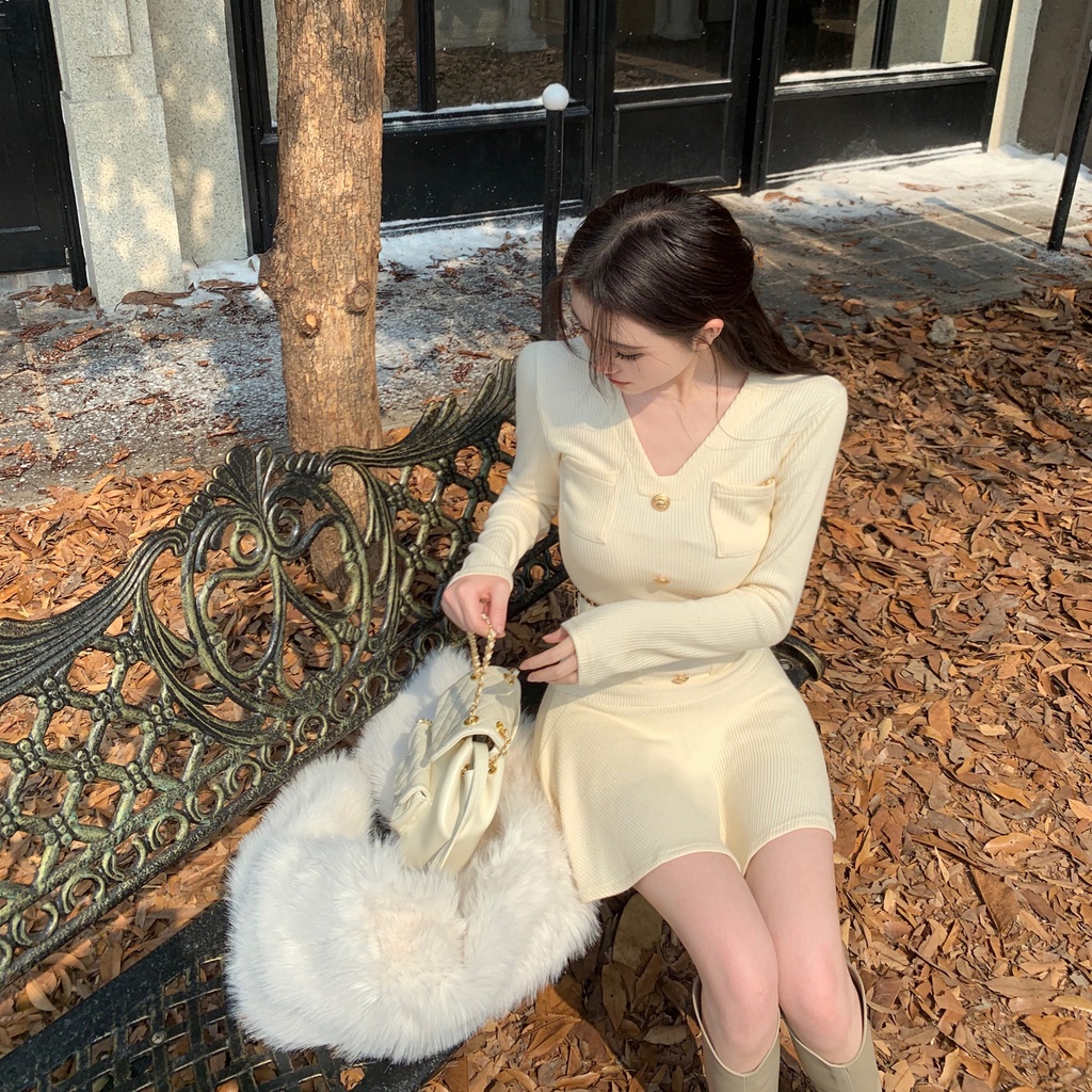 ZHELIHANGFEI Đầm dệt kim V - áo tay dài cổ nhận được eo trông mỏng manh A - váy ngắn viền gợi cảm