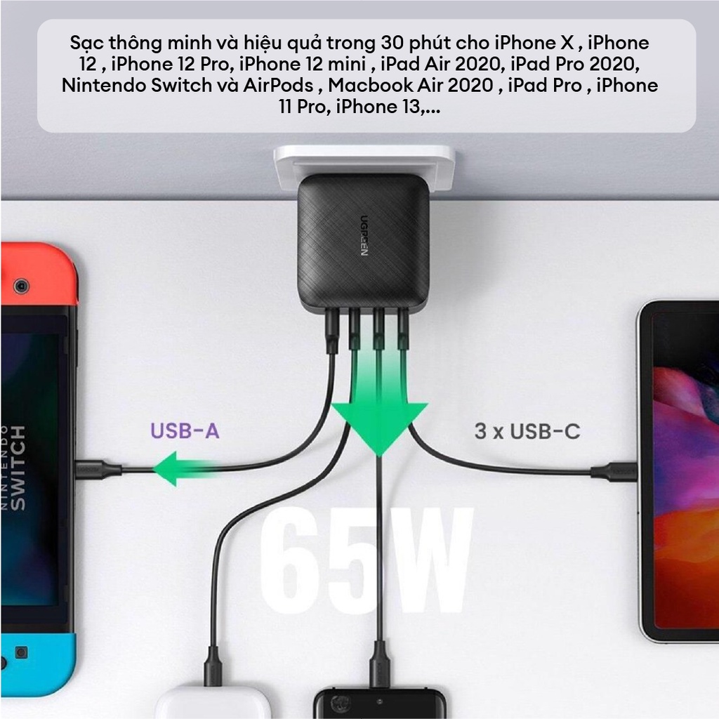 Củ sạc máy tính/ điện thoại, sạc nhanh Ugreen 65W CD224| 4 cổng PD| Tương thích rộng| BH 18 tháng 1 đổi 1 70774