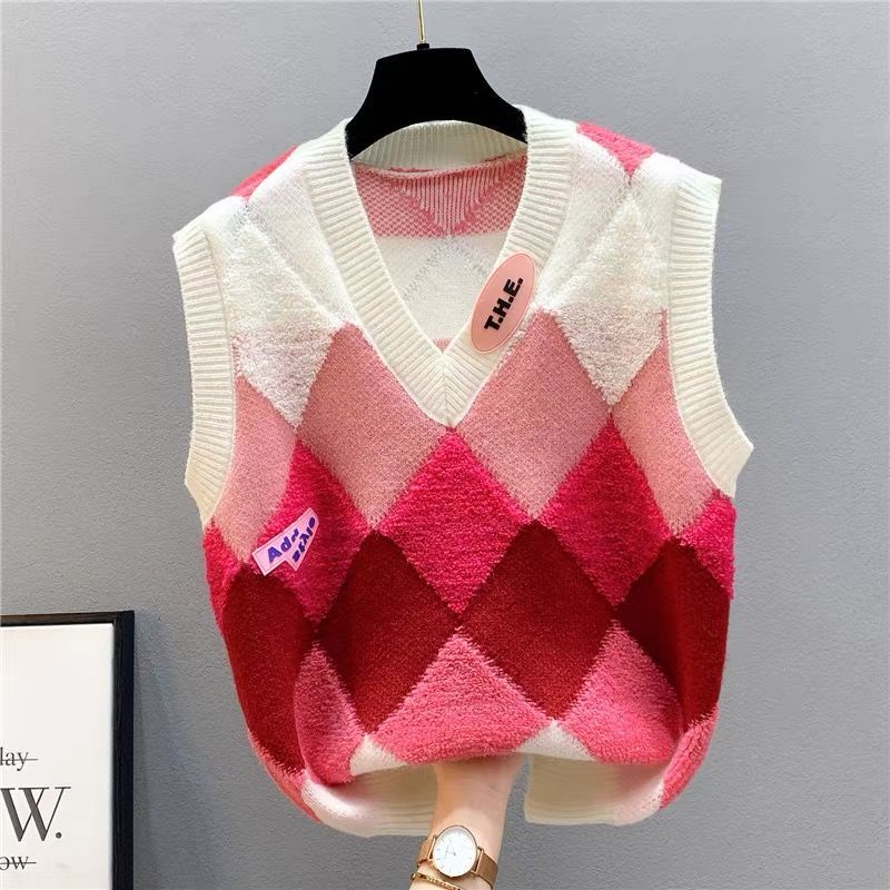 Áo Dệt Kim Sát Nách Dáng Rộng Họa Tiết Hình Thoi Thời Trang Hàn Quốc Cho Nữ