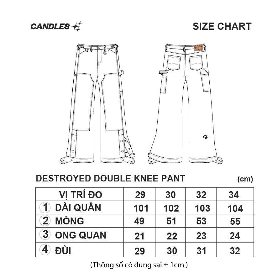Quần jeans nam nữ CANDLES DESTROYED DOUBLE KNEE thiết kế gấu quần độc đáo denim 13oz chính hãng