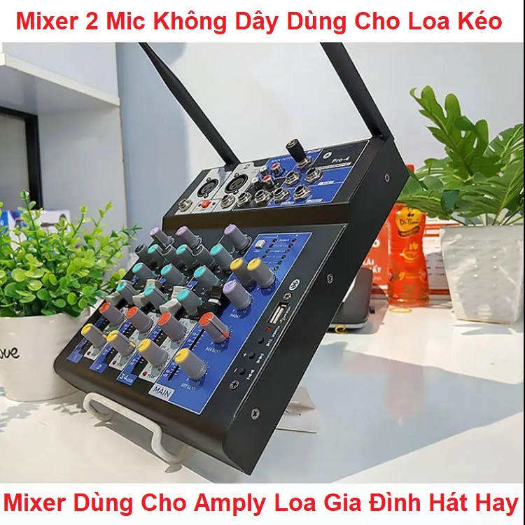 Mixer Pro-4, Tặng Jack 6 Ra 3.5, Kèm 2 Micro Không Dây - Thu Âm Hát Livestream - Dùng Cho Loa Kéo Hát Karaoke - Amply