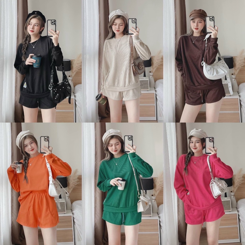 Set bộ đi chơi nữ vải thun gân áo cổ tròn tay dài và quần ngắn đáng yêu sành điệu DX