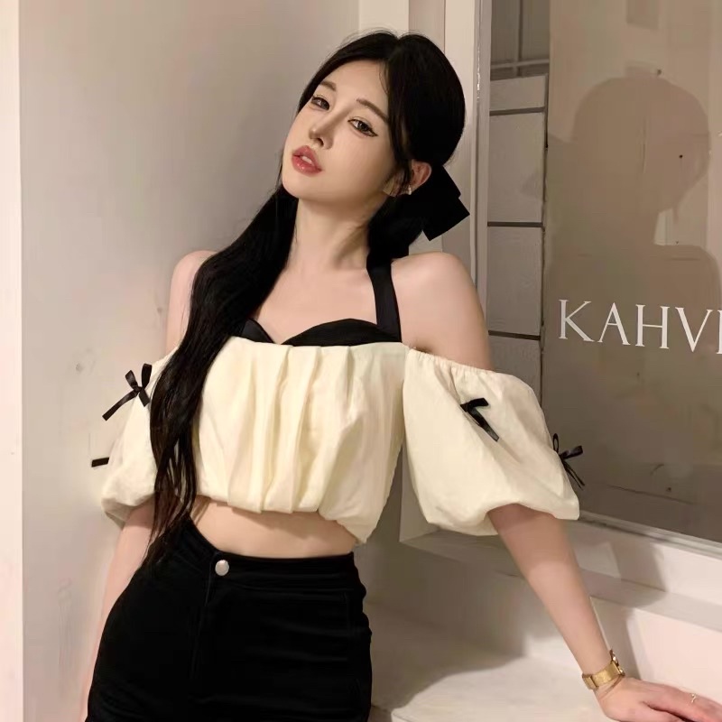 Áo Croptop Tay Bồng Thắt Nơ Cổ Đính Nơ Nhí Xinh Xắn