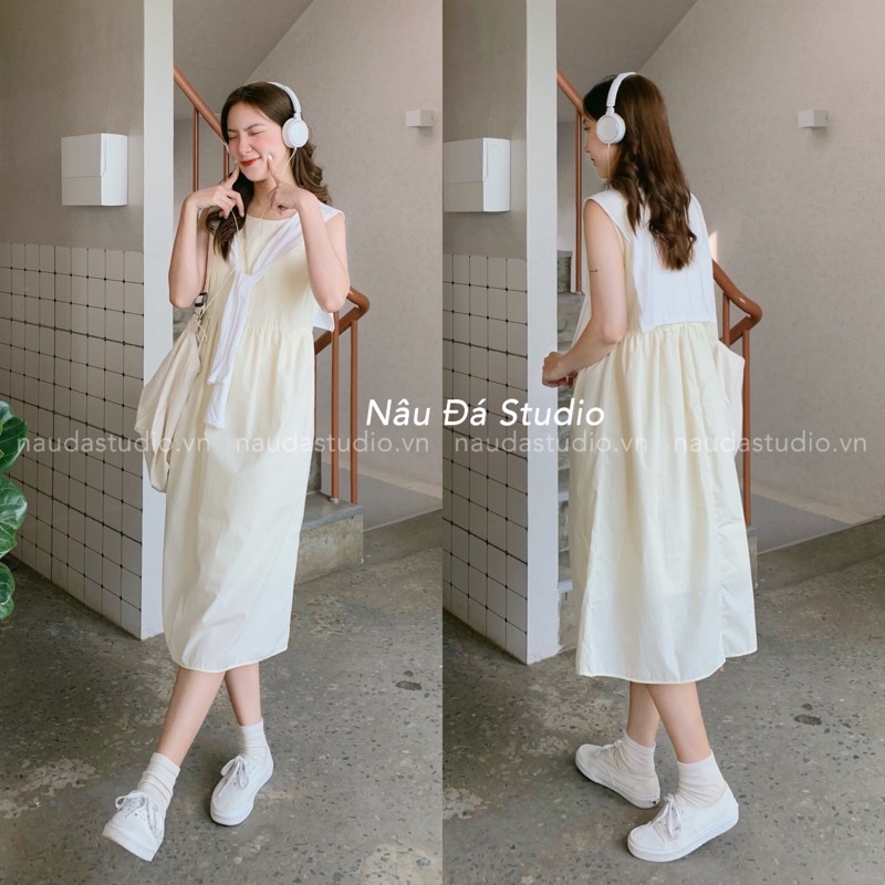 ĐẦM - VÁY BABYDOLL CỘC TAY DÁNG DÀI TẶNG KÈM KHĂN  - NÂU ĐÁ STUDIO.