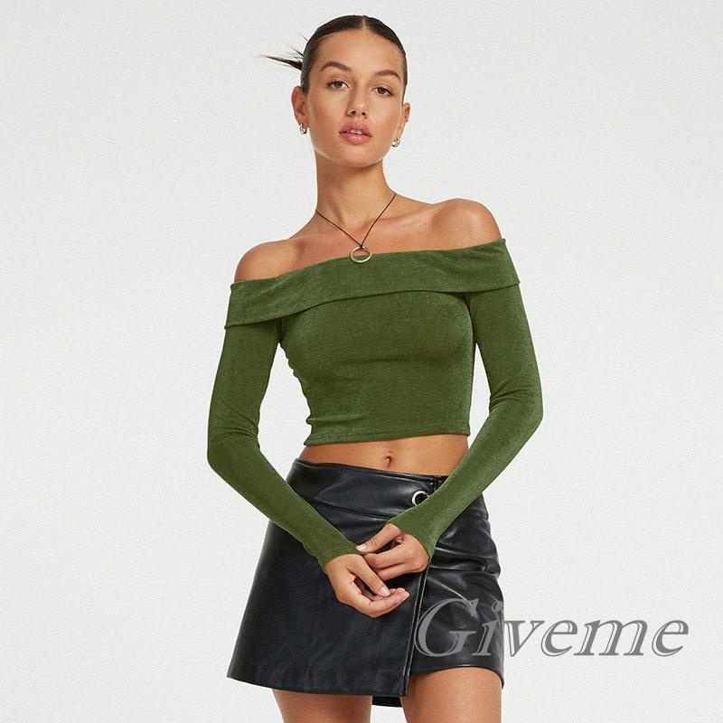 Áo Croptop Trễ Vai Tay Dài Màu Sắc Đơn Giản Cho Nữ