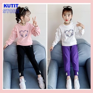 Áo thu đông bé gái lớn họa tiết thêu trái tim tay vai bèo ren siêu xinh