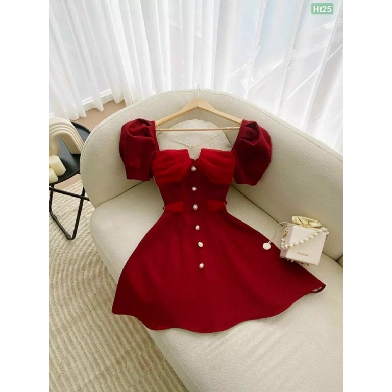 (MẪU MỚI) ĐẦM NỮ DỰ TIỆC TAY PHỒNG PHỐI NÚT MÀU ĐỎ RỰC RỠ CHO NGÀY LỄ GIANG SINH NGÀY TẾT CỰC CHÁY VALENTINA