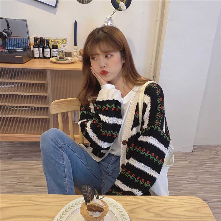 IELGYÁo Khoác cardigan Họa Tiết Hoa Phong Cách retro Hàn Quốc Dễ Phối Đồ Cho Nữ