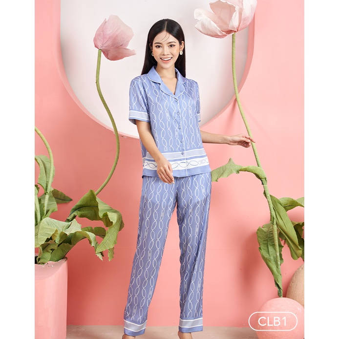 Bộ Pyjama satin ZAM Luxury - CLB1 - áo ngắn tay quần dài hoạ tiết