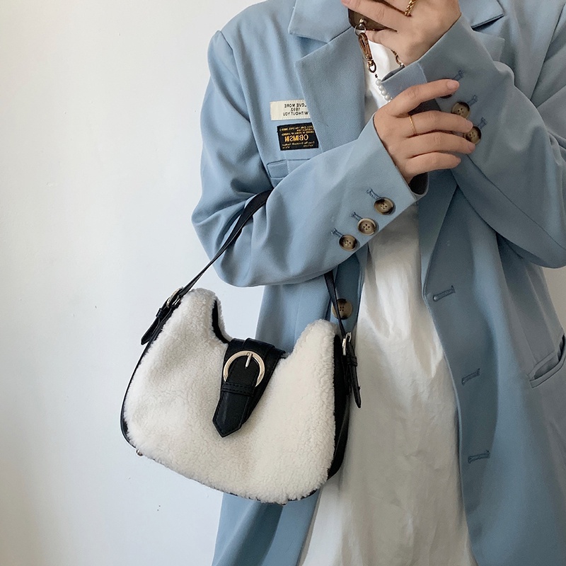 Túi Đeo Vai Bằng Len Cừu Có Khóa Nam Châm Phong Cách retro Cho Nữ
