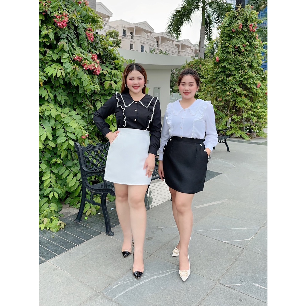 Set Công Sở , Áo Sơ Mi Dài Tay Bigsize Kèm Quần Váy Đính Đá 2 Bên Hông Che Khuyết Điểm Cho Người Mập 50.90kg