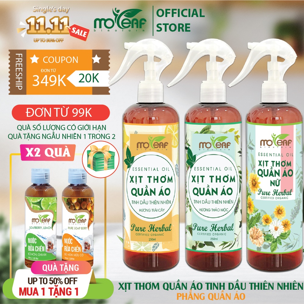 Xịt Thơm QUẦN ÁO Moleaf - Tinh Dầu Sen Trắng, Hoa Lài, Phong Lữ, Hoa Cam, Hoa Anh Đào, Bạc Hà, Vỏ Bưởi, Cam Ngọt, Gỗ Đàn