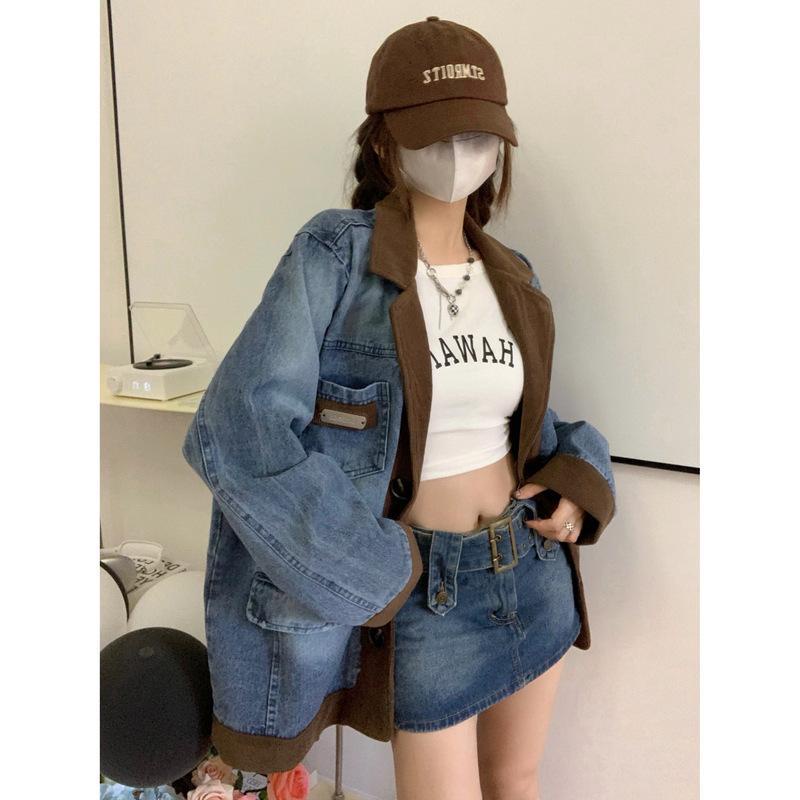 blazer nữ bigsize dày áo khoác hàn quốc Áo Khoác denim Tay Dài Dáng Rộng Màu Sắc Tương Phản Thời Trang Mùa Thu 2022 Cho Nữ