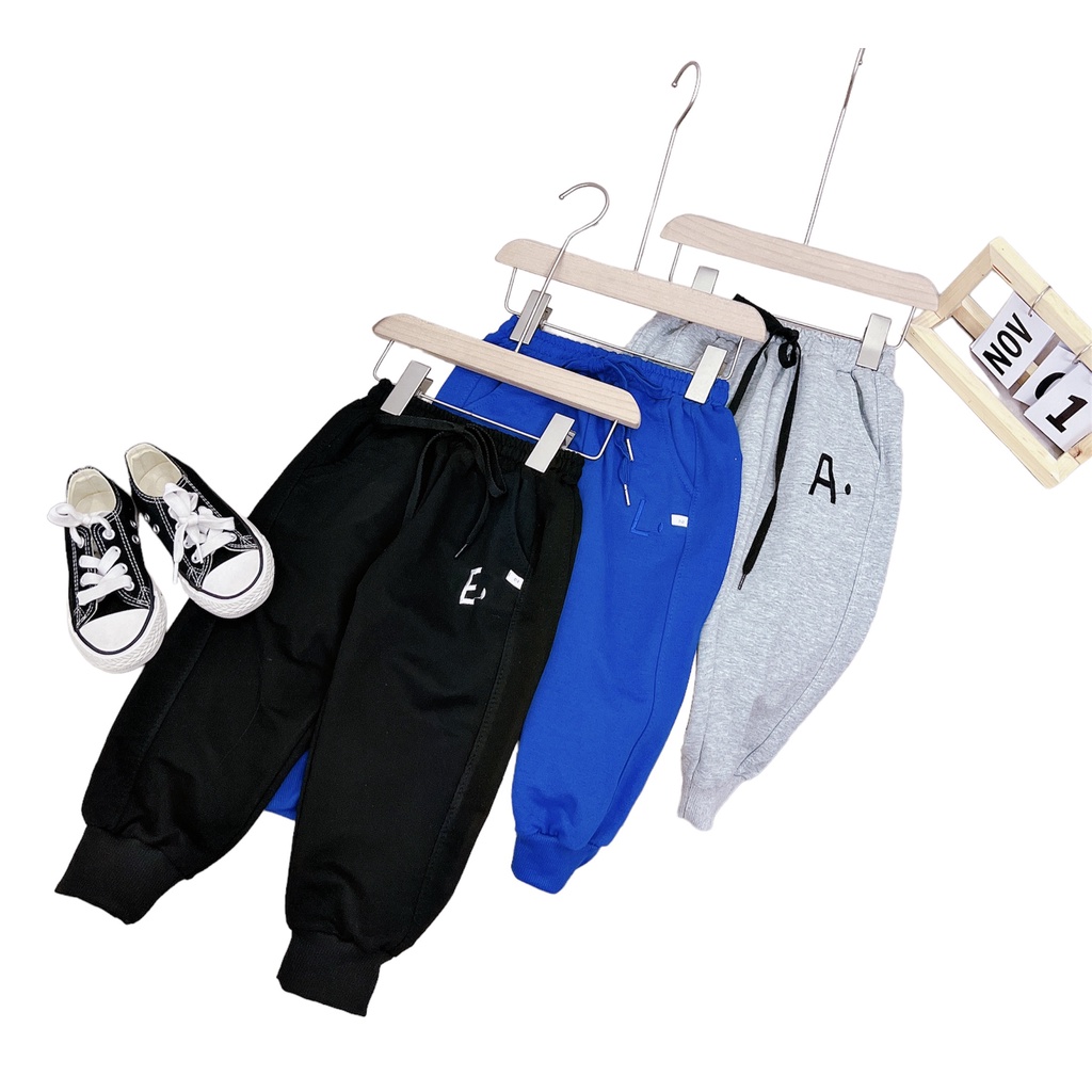 Quần dài bé trai, bé gái, quần thu đông dáng bomber chất da cá thêu chữ sắc nét cho bé 10-35kg