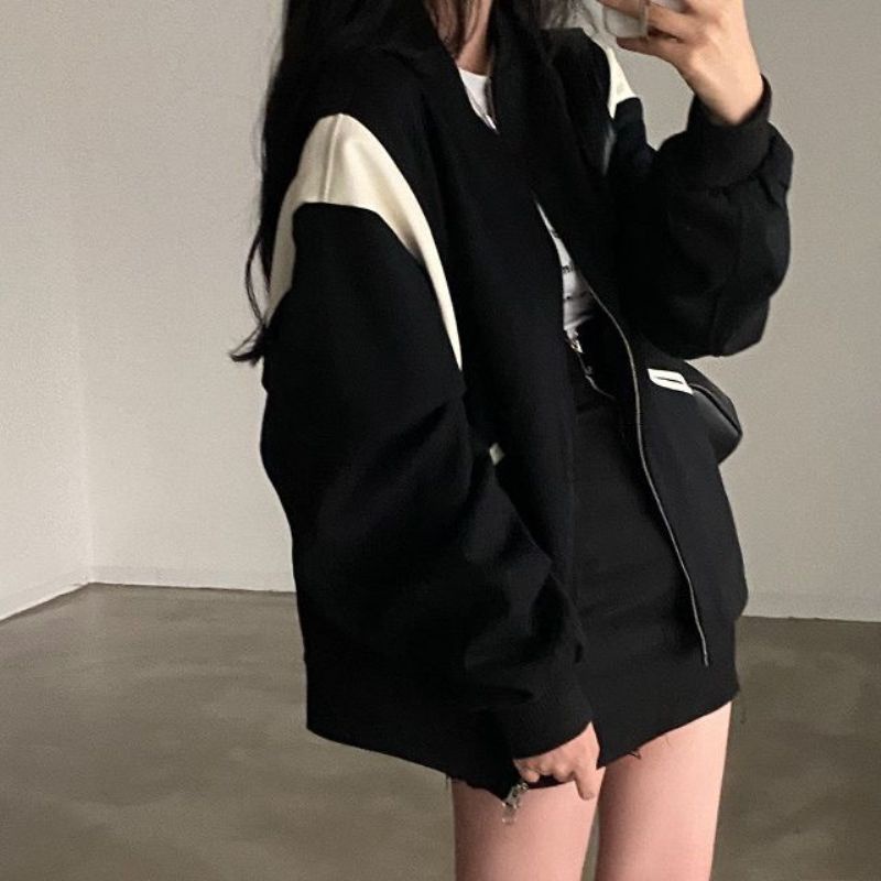 Áo Khoác Bóng Chày Dáng Rộng Phối Khóa Kéo Thời Trang Xuân Thu Cá Tính