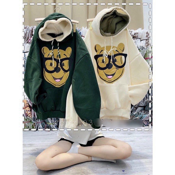 Áo Hoodies Nữ Gấu Đeo Kính Vải Nỉ Dày 2 Nón Form Rộng Mặc Đẹp NEW UNISEX