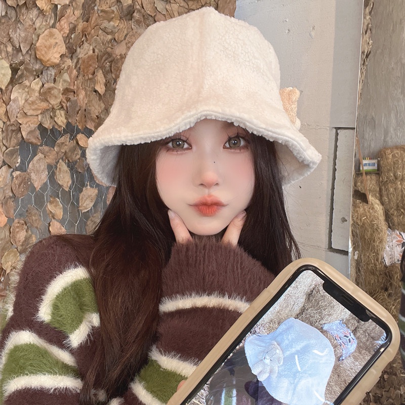 Mũ Bucket Lông Nhung Hình Gấu Dễ Thương Xinh Xắn Phong Cách Thời Trang Mùa Đông Hàn Quốc Cho Nữ