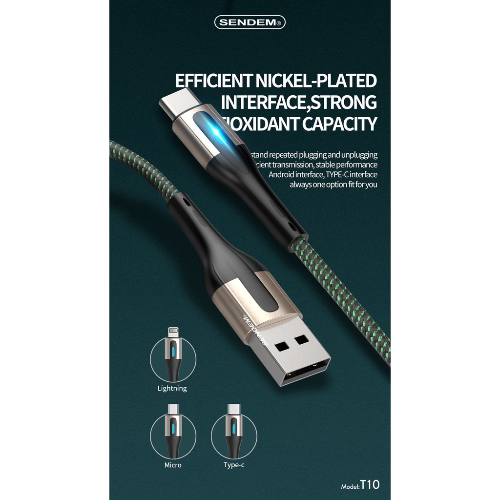 Cáp dữ liệu Sendem T10 6A bọc dù có đèn thở Chân Micro TypeC Trái Táo