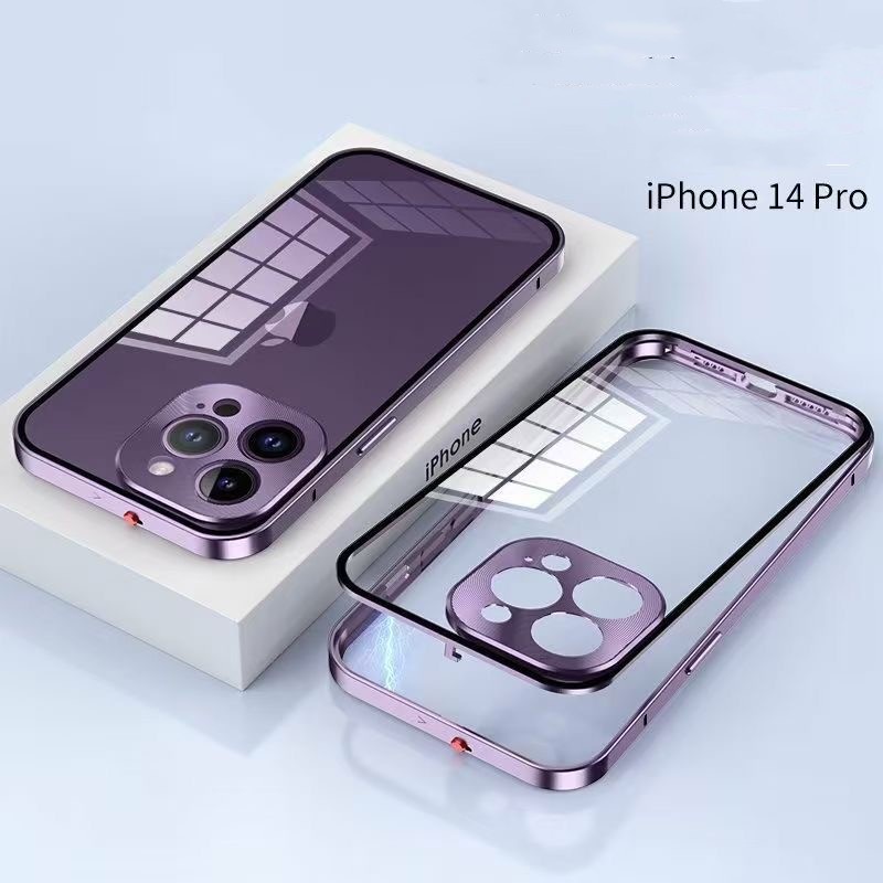 Ốp Điện Thoại Kính Cường Lực Hai Mặt Viền Kim Loại Nam Châm Cho Iphone 13 14 Pro Max 14plus