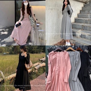 Đầm thun dáng xoè viền lai nổi cổ tròn tay dài freesize Pumi