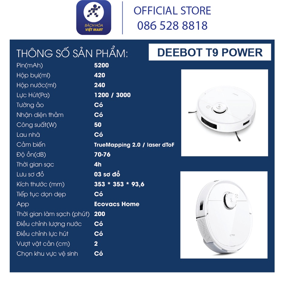 Robot hút bụi lau nhà Ecovacs Deebot T9 Power chính hãng