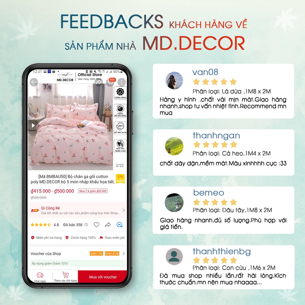 Bộ chăn ga gối cotton poly 5 món chần bông MD.Decor - Bedding họa tiết cừu xanh dễ thương nhiều kích thước ra nệm m6 m8