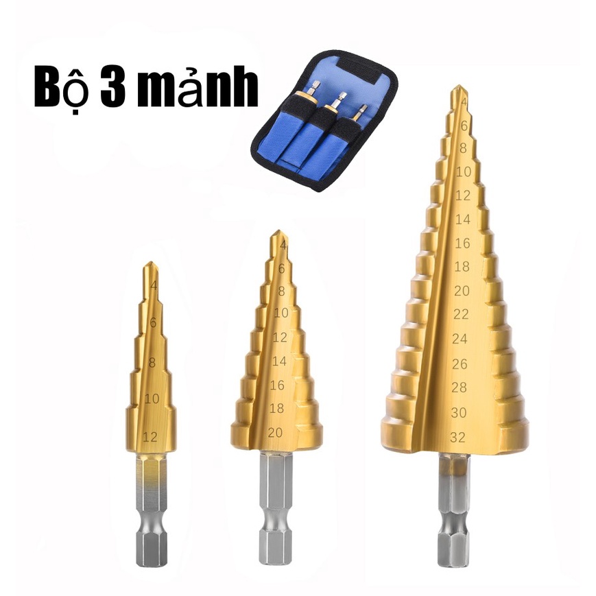 bộ 3 mũi khoan bước phủ titan siêu cứng,đường kính 4-32mm - Khoan được nhiều cỡ lỗ trong 1 mũi khoan