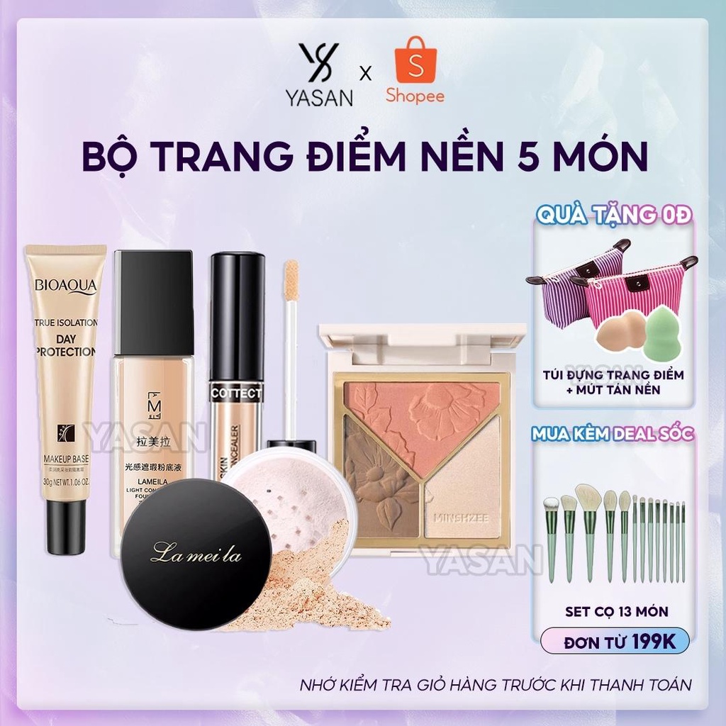 Bộ trang điểm nền 5 món kem lót, kem nền, che khuyết điểm, phấn phủ và bút tạo khối Yasan