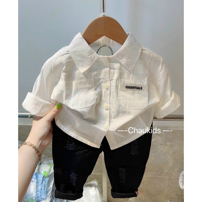 Bộ Sơ Mi Phối Quần Kaki Cho Bé Trai Chữ Essential Size 8-20kg