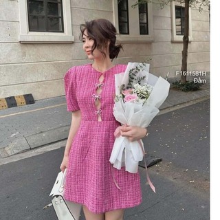 Đầm dạ dáng xòe ngực khoét đính tag nơ tay ngắn thời trang!