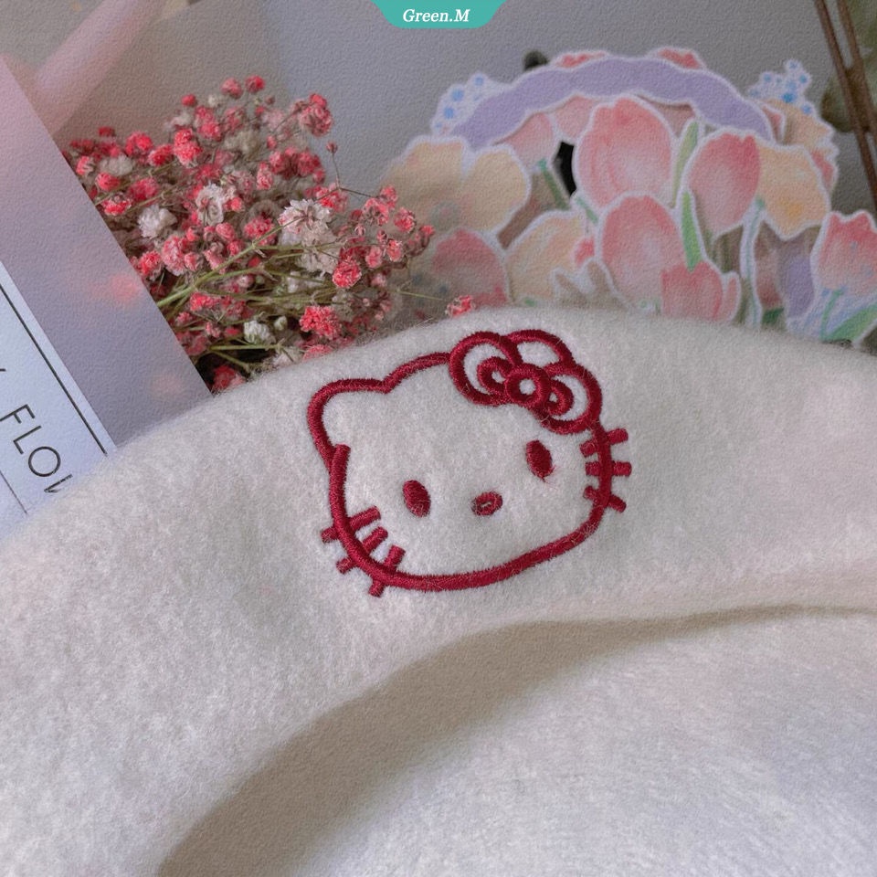 SANRIO Mũ Beret Dệt Kim Phối Lông Hình Hello Kitty Đáng Yêu Thời Trang Thu Đông Cho Nữ