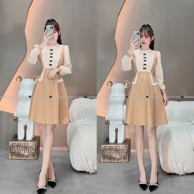 Váy nhung đỏ thiết kế phối ren đính đá, đầm nhung đen may ren ngực hông