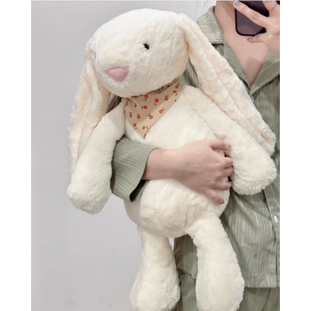 Thỏ bông trắng kem lông mịn cao cấp size to 60cm kèm yếm hoa dễ thương thú nhồi bông quà tặng|Gauxinhcorner