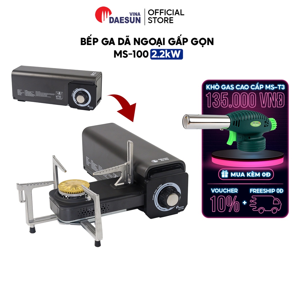Bếp Gas Dã Ngoại Gấp Gọn MS-100 - Phù Hợp Đi Du Lịch, Dã Ngoại, Cắm Trại | Đầu Đốt Bằng Đồng | Bảo Hành 1 Năm Chính Hãng