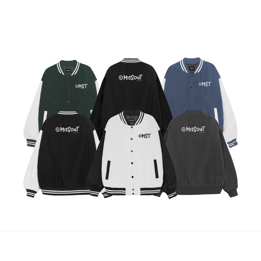 Áo khoác bomber Missout nhung tăm thêu Logo form rộng unisex nam nữ