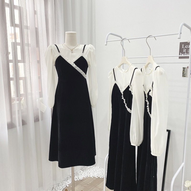 Set váy nhung 2 dây bèo phối áo tơ tay dài
