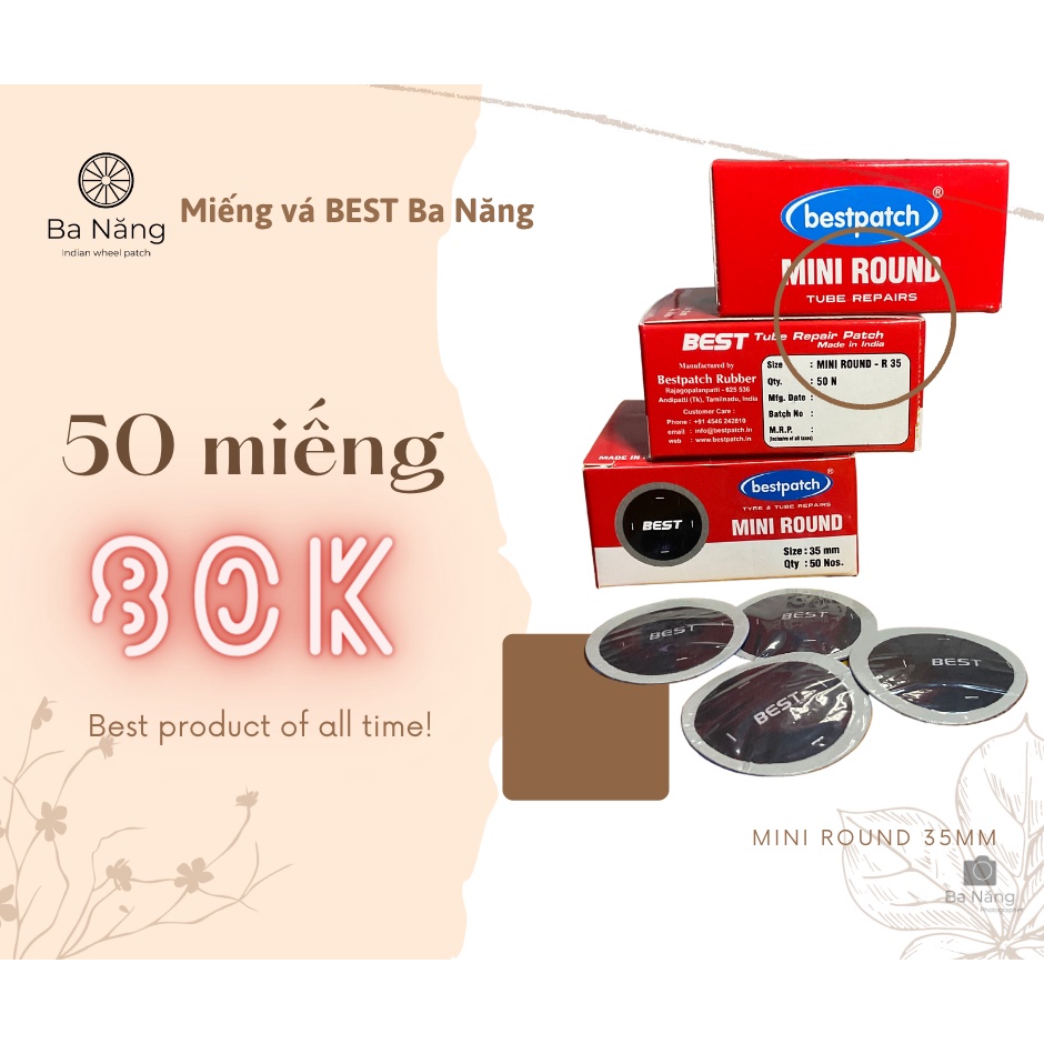 Miếng vá săm, vá ruột, vá lốp, vá vỏ ruột xe máy, ôtô BEST hình tròn Mini round (Hộp 50 miếng đường kính 35mm)
