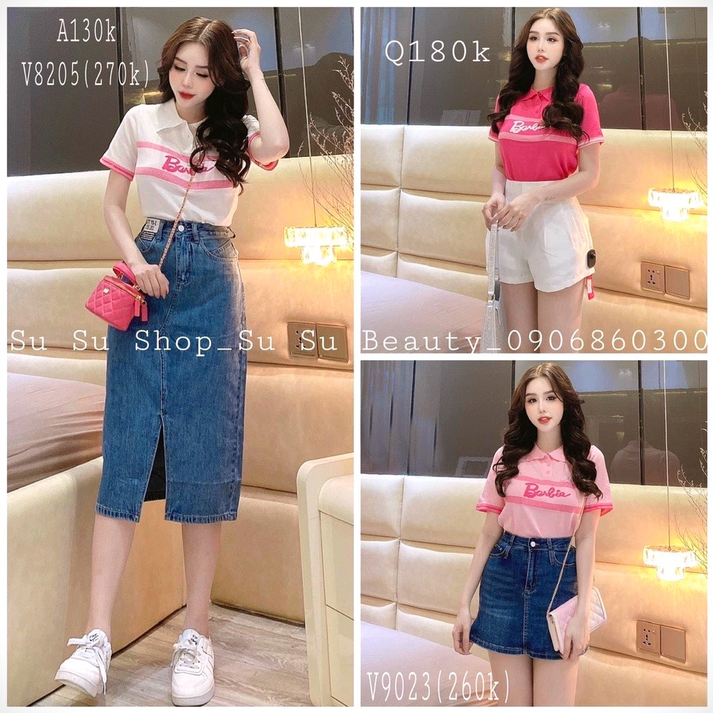 Áo len nữ Montoghi dệt kim Quảng Châu CỔ POLO in chữ Barbie xinh xắn và thanh lịch