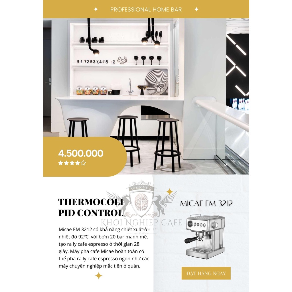 Máy Pha Cafe Espresso Gia Đình Micae EM 3212, 1350W - 20 bar - 28s