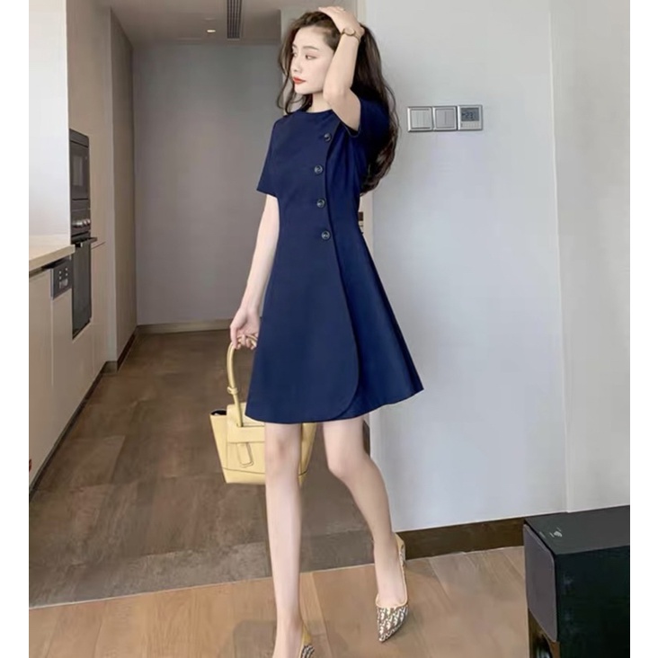 Đầm váy xanh đen cổ tròn nút trước