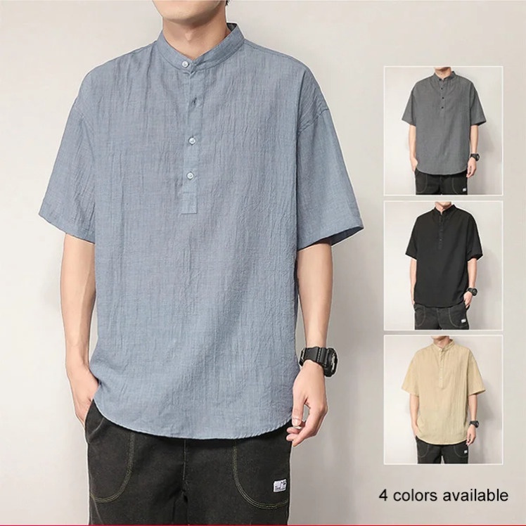 Áo Sơ Mi Ngắn Tay Cổ Đứng Phong Cách Nhật Bản Cho Nam
