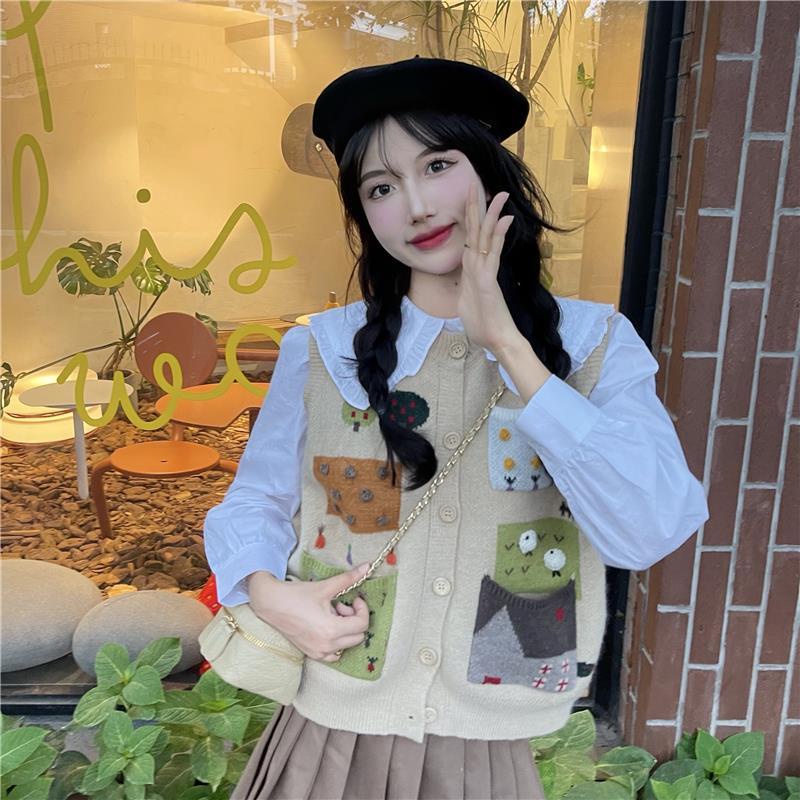 Suit / single piece thu đông ngọt ngào phong cách preppy búp bê cổ áo sơ mi xếp lớp dệt kim cardigan vest áo len áo khoác nữ