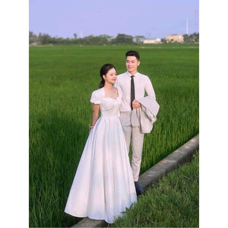 Đầm Váy Trắng Thiết Kế Đi Tiệc Dáng Xòe, Váy Cô Dâu Cao Cấp Dáng Dài